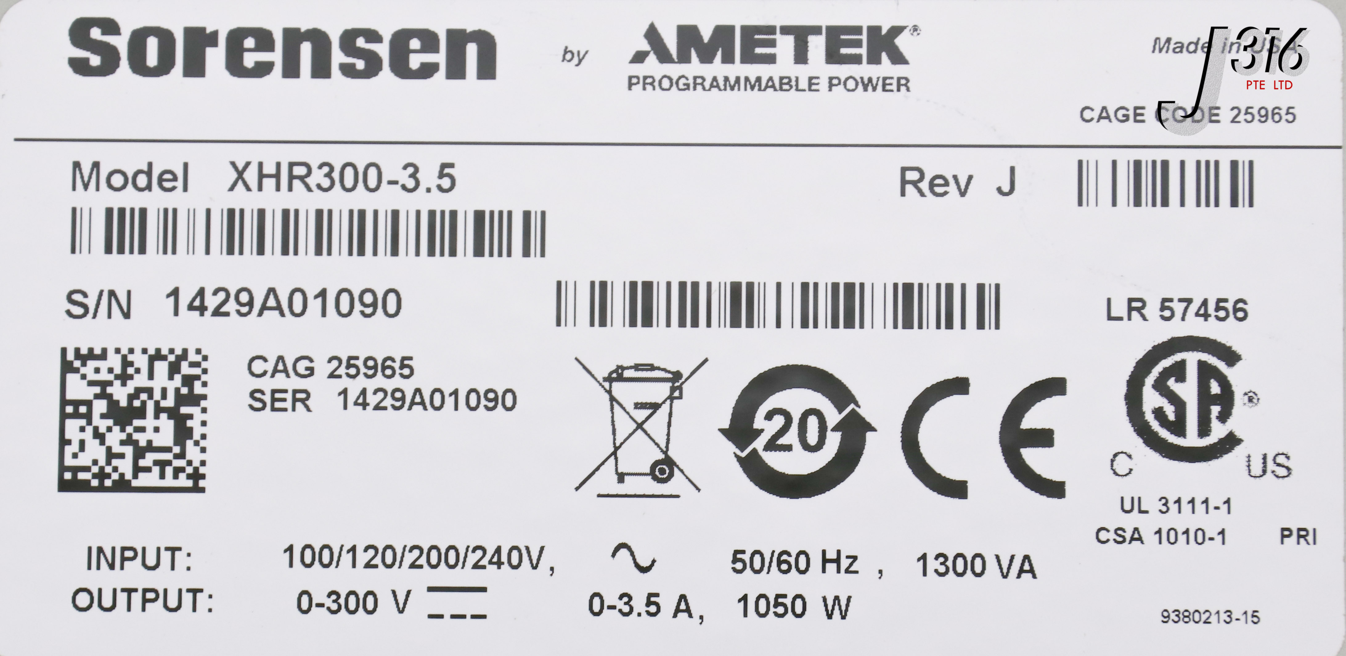 21599 AMETEK SORENSEN PROGMABLE DC PS 0-300V 0-3.5A PC-XR02-M